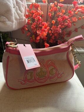 Juicy Couture Pink Suede Mini Shoulder Bag with Pink Trim and Crown Embroidery